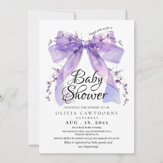 Modern Lavender Bow and Flowers Baby Shower Kaart (Voorkant)