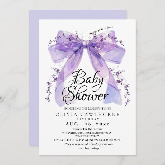 Modern Lavender Bow and Flowers Baby Shower Kaart (Voorkant / Achterkant)