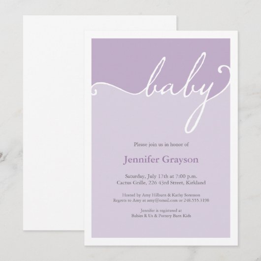Modern Lavender Calligraphy Script Baby shower Kaart (Voorkant / Achterkant)