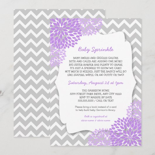 Modern Lavender Dahlia Baby sprinkle nodigt uit Kaart (Voorkant / Achterkant)