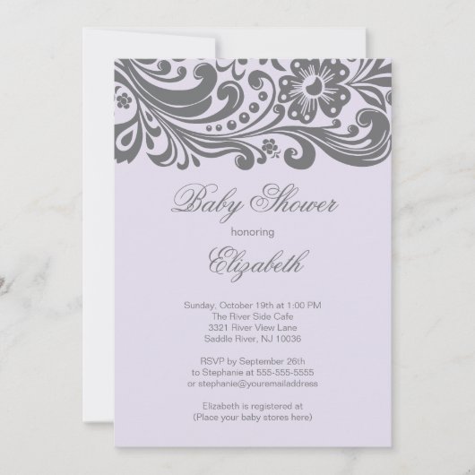 Modern Lavender Gray Floral Swirl Baby shower Kaart (Voorkant)