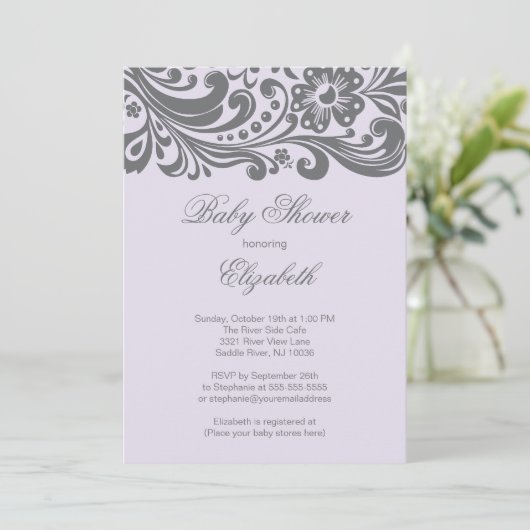 Modern Lavender Gray Floral Swirl Baby shower Kaart (Staand voorkant)