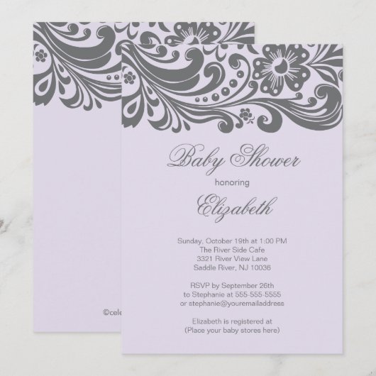 Modern Lavender Gray Floral Swirl Baby shower Kaart (Voorkant / Achterkant)
