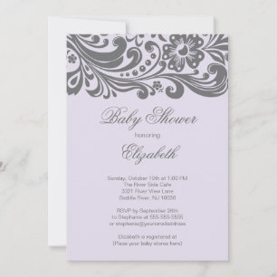 Modern Lavender Gray Floral Swirl Baby shower Kaart