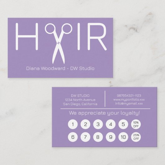 Modern Lavender Hairdresser Flat Loyalty Card (Voorkant / Achterkant)