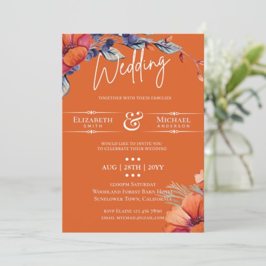Modern Lavender Oranje Floral Wedding Invite (Staand voorkant)