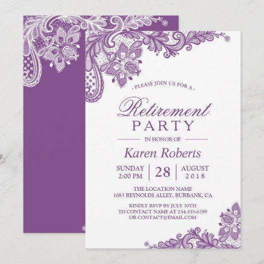Modern Lavender Paars Lace Retirement Party Kaart (Voorkant / Achterkant)