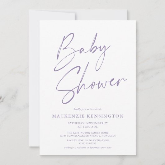 Modern Lavender Paars Simple Script Baby shower Kaart (Voorkant)