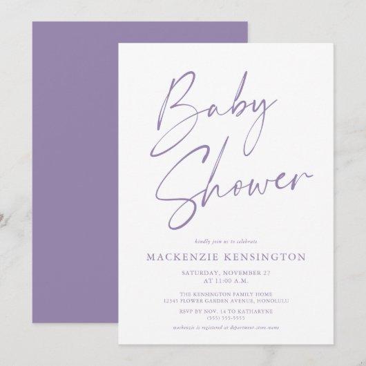 Modern Lavender Paars Simple Script Baby shower Kaart (Voorkant / Achterkant)