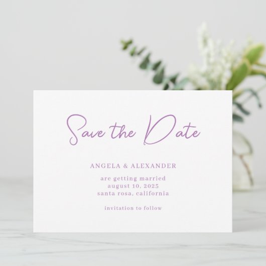 Modern Lavender Wedding Script Save The Date (Staand voorkant)