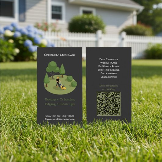 Modern Lawn Mowing Service Business Card with QR Visitekaartje