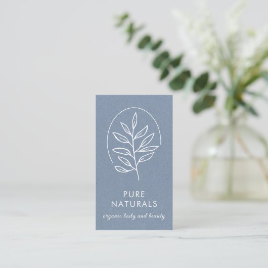 Modern Leaf Logo Botanical Simple Neutral Blue Visitekaartje (Staand voorkant)