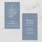 Modern Leaf Logo Botanical Simple Neutral Blue Visitekaartje (Voorkant / Achterkant)