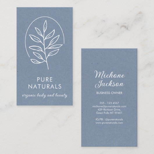 Modern Leaf Logo Botanical Simple Neutral Blue Visitekaartje (Voorkant / Achterkant)