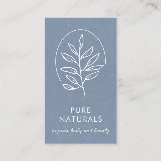 Modern Leaf Logo Botanical Simple Neutral Blue Visitekaartje (Voorkant)