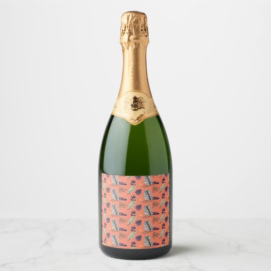 Modern Leaf Pattern Eten en Drank Label Set Sparkling Wijnetiket (Voorkant)