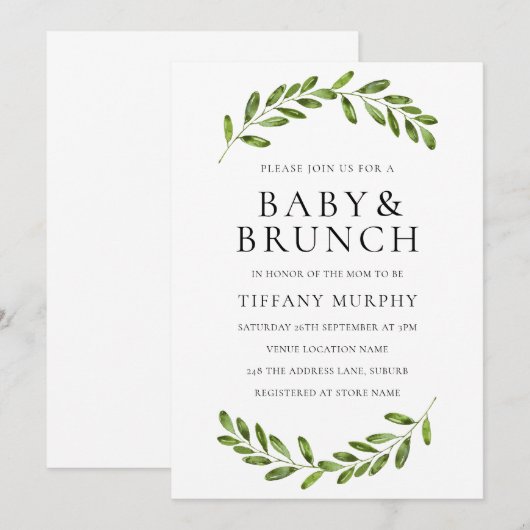 Modern Leaf Wreath Baby shower Brunch Invite Kaart (Voorkant / Achterkant)