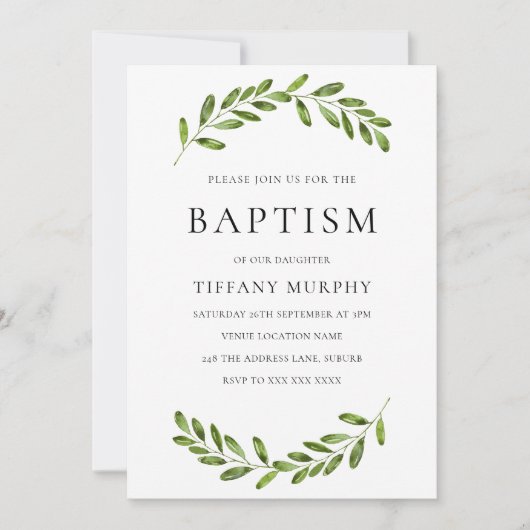 Modern Leaf Wreath Boy Girl Baptism Invitation Kaart (Voorkant)