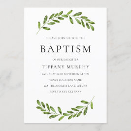 Modern Leaf Wreath Boy Girl Baptism Invitation Kaart