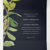 MODERN LEAFY FAUNA GREEN BLACK WATERVERF WEDING DRIELUIK UITNODIGING (Binnenkant midden)