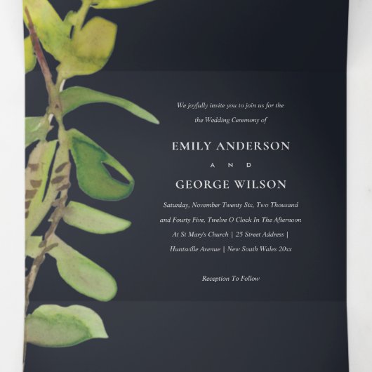 MODERN LEAFY FAUNA GREEN BLACK WATERVERF WEDING DRIELUIK UITNODIGING (Binnenkant midden)