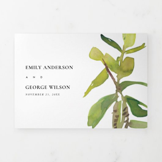 MODERN LEAFY FAUNA GREEN KRAFT WATERVERF WEDING DRIELUIK UITNODIGING (Cover)