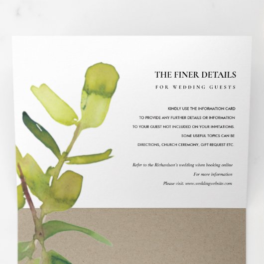 MODERN LEAFY FAUNA GREEN KRAFT WATERVERF WEDING DRIELUIK UITNODIGING (Binnenzijde eerst)