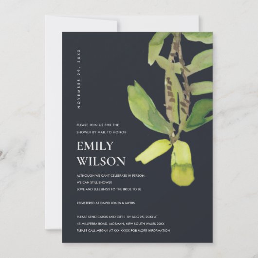 MODERN LEAFY FOLIAGE BLACK SHOWER BY MAIL INVITE BEDANKKAART (Voorkant)