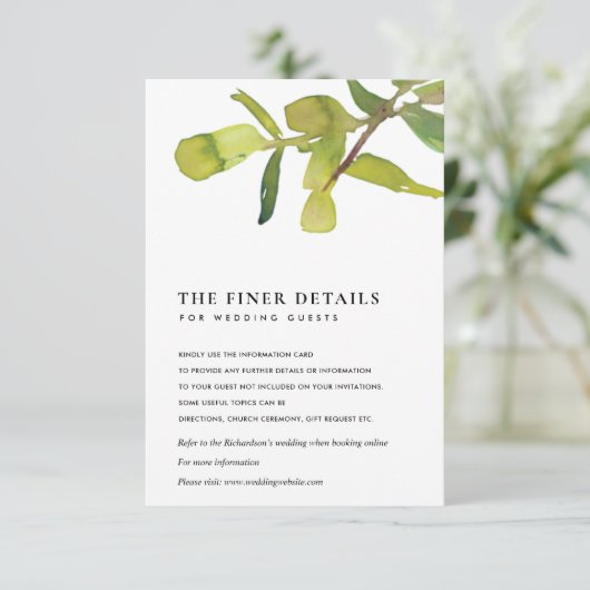 MODERN LEAFY WATERVERF FOLIAGE WEDDING DETAIL INFORMATIEKAARTJE (Staand voorkant)