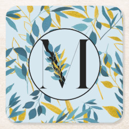 Modern Leaves Blue Gold "Letter M" Kartonnen Onderzetters