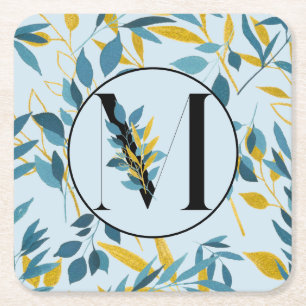 Modern Leaves Blue Gold "Letter M" Kartonnen Onderzetters
