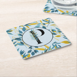 Modern Leaves Blue Gold "Letter P" Kartonnen Onderzetters