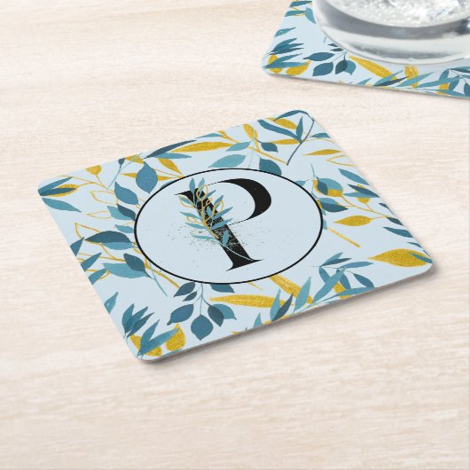 Modern Leaves Blue Gold "Letter P" Kartonnen Onderzetters (Schuin)