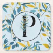 Modern Leaves Blue Gold "Letter P" Kartonnen Onderzetters (Voorkant)
