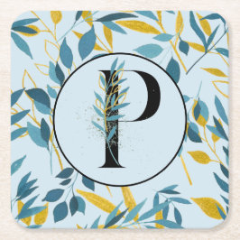 Modern Leaves Blue Gold "Letter P" Kartonnen Onderzetters