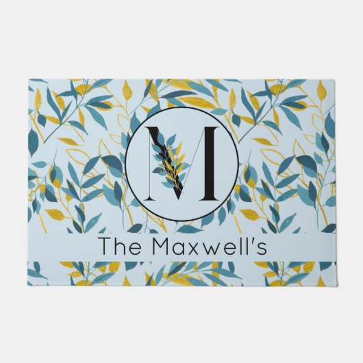 Modern Leaves Navy Blue Gold "Letter M" Deurmat (Voorkant)
