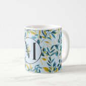 Modern Leaves Navy Blue Gold "Letter M" Koffiemok (Voorkant rechts)