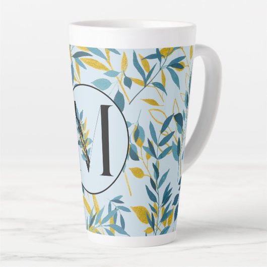 Modern Leaves Navy Blue Gold "Letter M" Latte Mok (Rechterhoek)