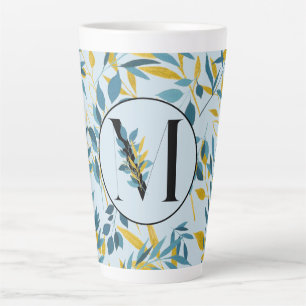 Modern Leaves Navy Blue Gold "Letter M" Latte Mok