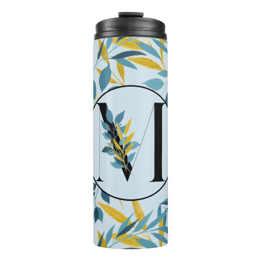 Modern Leaves Navy Blue Gold "Letter M" Thermosbeker (Voorkant)