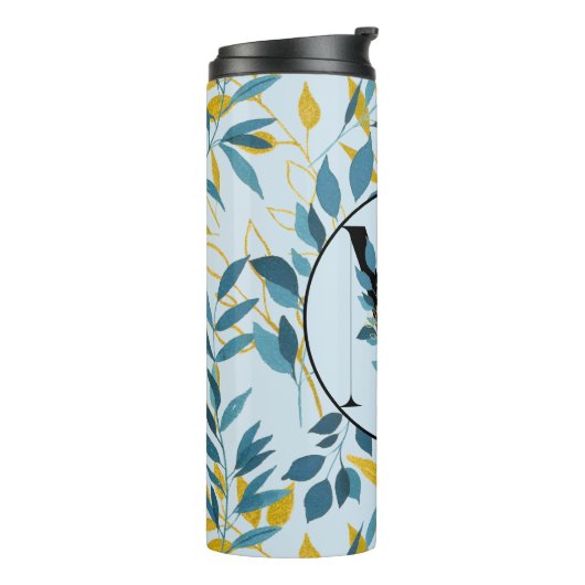 Modern Leaves Navy Blue Gold "Letter M" Thermosbeker (Gedraaid links)