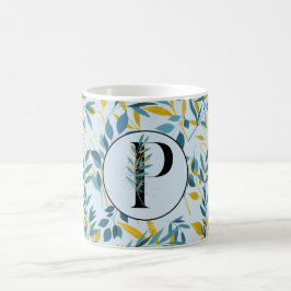 Modern Leaves Navy Blue Gold "Letter P" Koffiemok