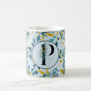 Modern Leaves Navy Blue Gold "Letter P" Koffiemok