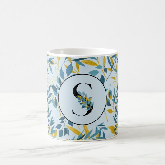 Modern Leaves Navy Blue Gold "Letter S" Koffiemok (Center)