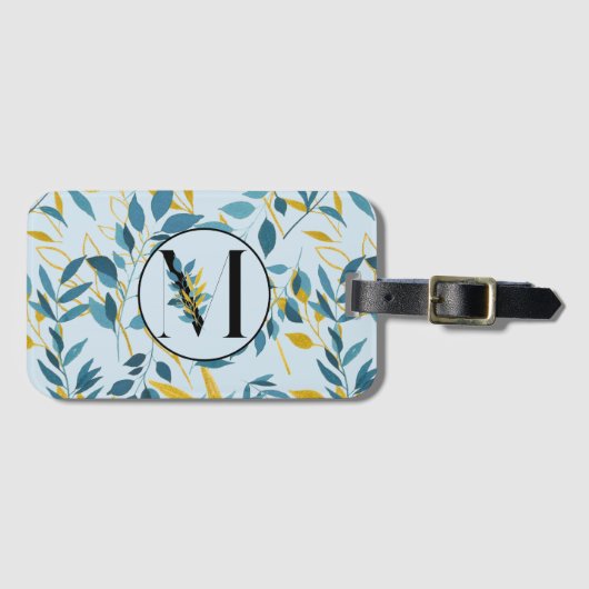 Modern Leaves Navy Gold "Letter M" Bagagelabel (Voorkant (horizontaal))