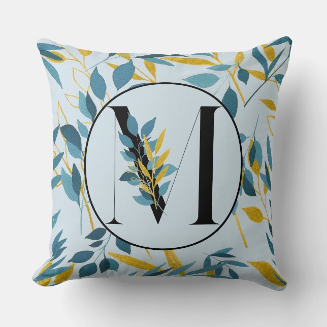 Modern Leaves Navy Gold Letter "M" Kussen (Voorkant)