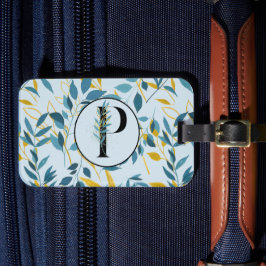 Modern Leaves Navy Gold "Letter P" Bagagelabel