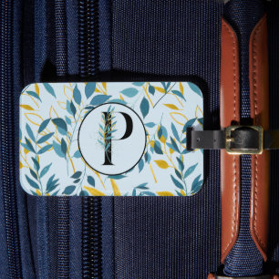 Modern Leaves Navy Gold "Letter P" Bagagelabel