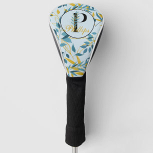 Modern Leaves Navy Gold Monogram "Letter P" Golfheadcover