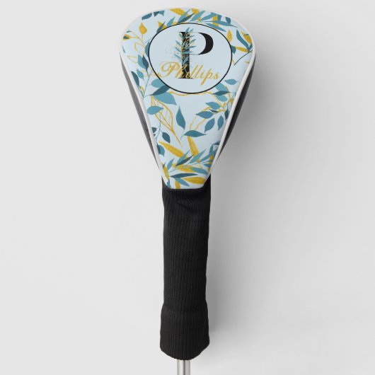 Modern Leaves Navy Gold Monogram "Letter P" Golfheadcover (Voorkant)